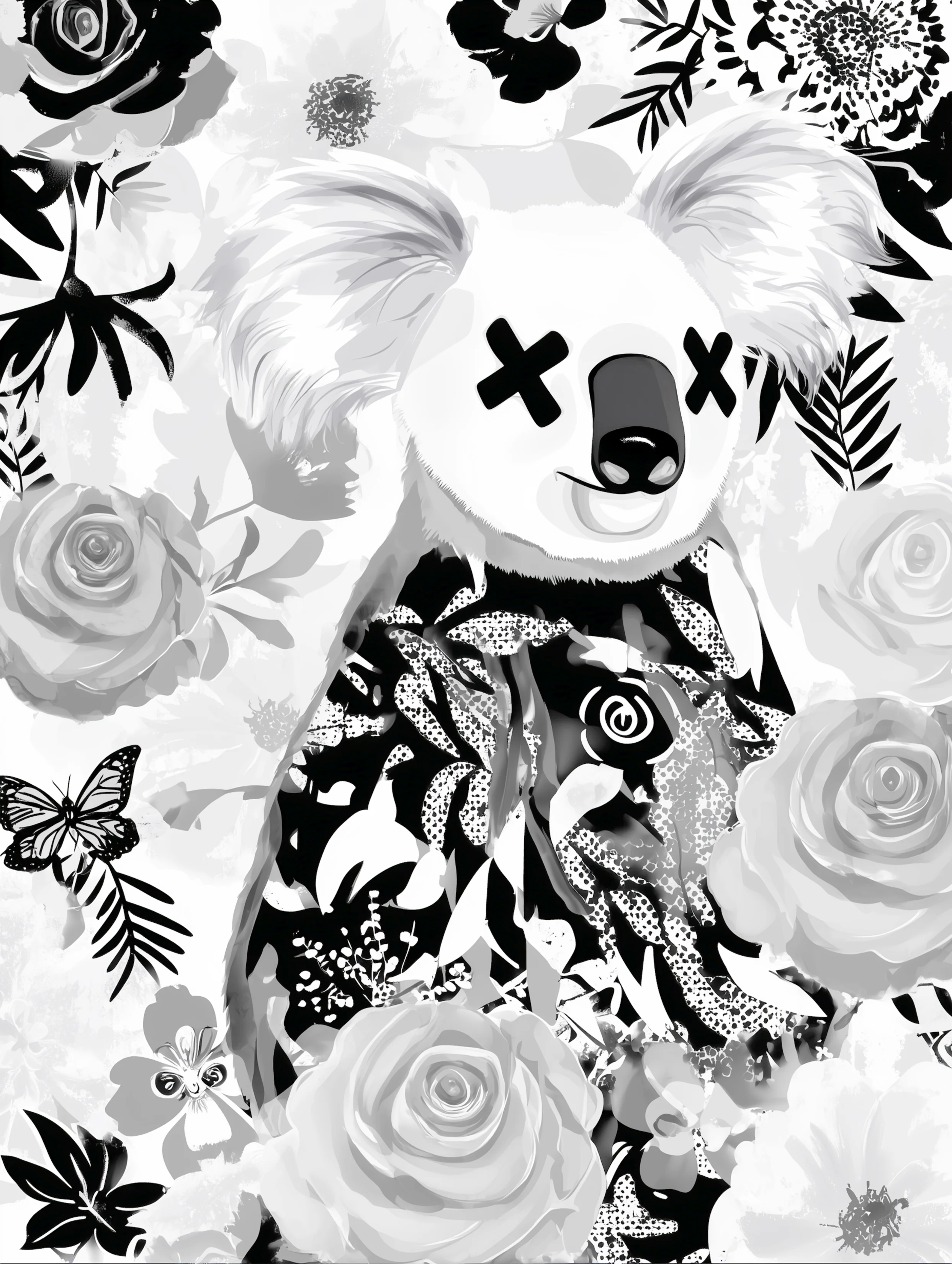 Free printable koala coloring page for adults featuring x eyes koala floral